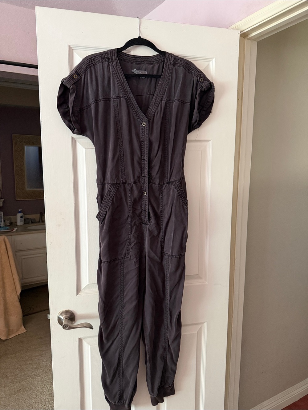 AnthropologieShort-Sleeve V-Neck Jumpsuit in Washed Black
